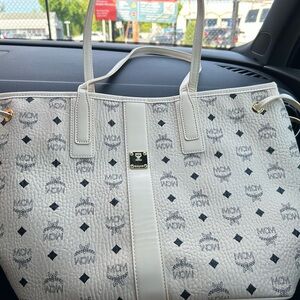 MCM White Visetos Logo Tote with Gold-Tone Accent